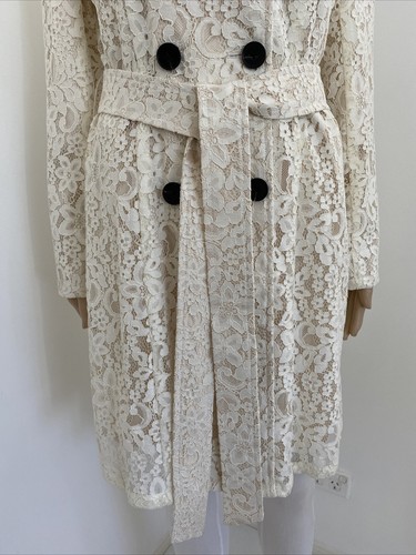 8-10 Custom / Tailor Made Cream Floral Lace Long Belted Trench Coat / Jacket - Foto 3 di 10