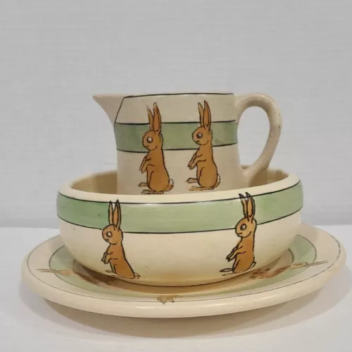 Roseville Juvenile Creamware 1910 Vintage Pottery Rabbit Creamer, Plate, Bowl 