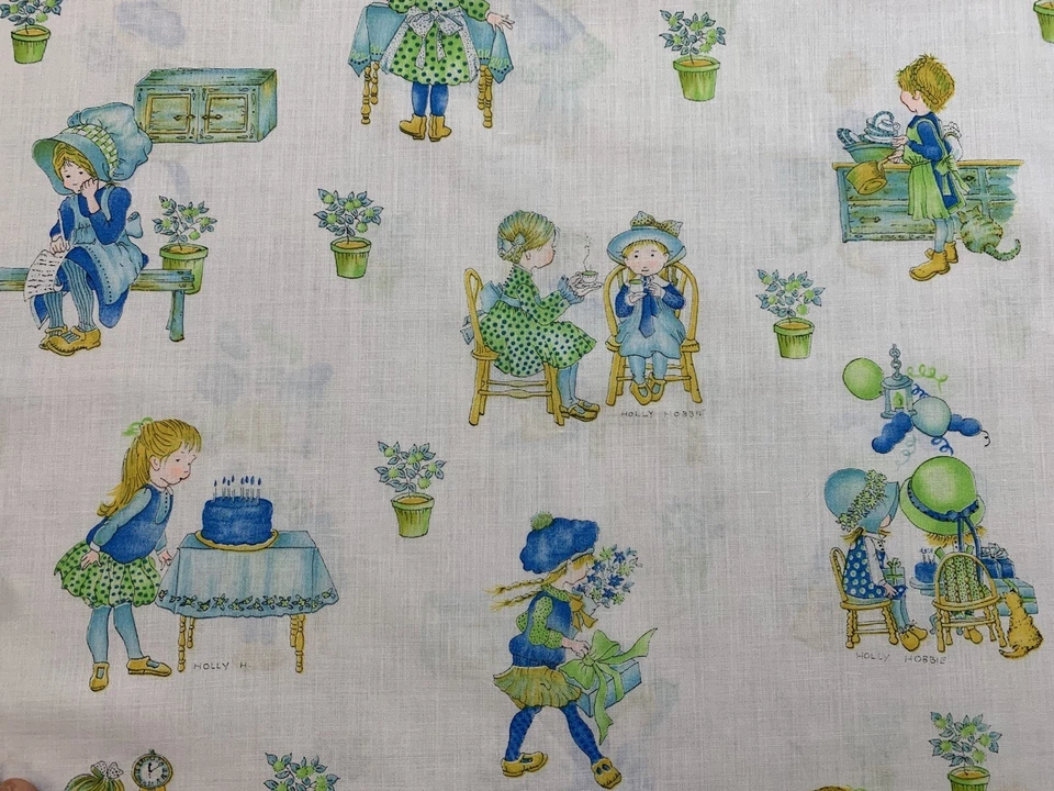 Vintage Holly Hobbie Fabric Birthday Party Balloons Neon Green Blue Half Yard - Image 2 of 4