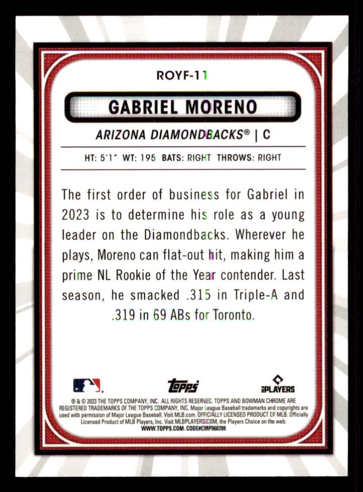 2023 Bowman Chrome Rookie of the Year Favorites #ROYF11 Gabriel Moreno - Image 2 of 2
