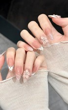 Handmade Press On Nails Pink Floral Polka Dot Medium Almond 10PCS,M False Nails