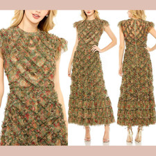 NWT Mac Duggal [ 10 ] 8009 High Neck Ruffle Cap Sleeve Floral Dress Green #S2110