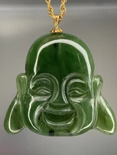 vintage natural Green Jade Buddha Head Pendant With 60cm Gold Plated Necklace