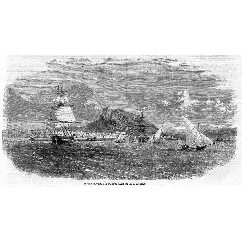 ESPAÑA Alicante desde el mar - Impresión antigua 1860