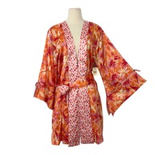 Valerie Stevens Satin Short Robe Flared Sleeves Floral Polka Dot Orange L NWT