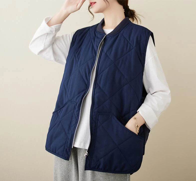Womens Fashion Winter Stand Collar Loose Cotton Padded Sleeveless Warm Vest Coat - Image 4 of 4