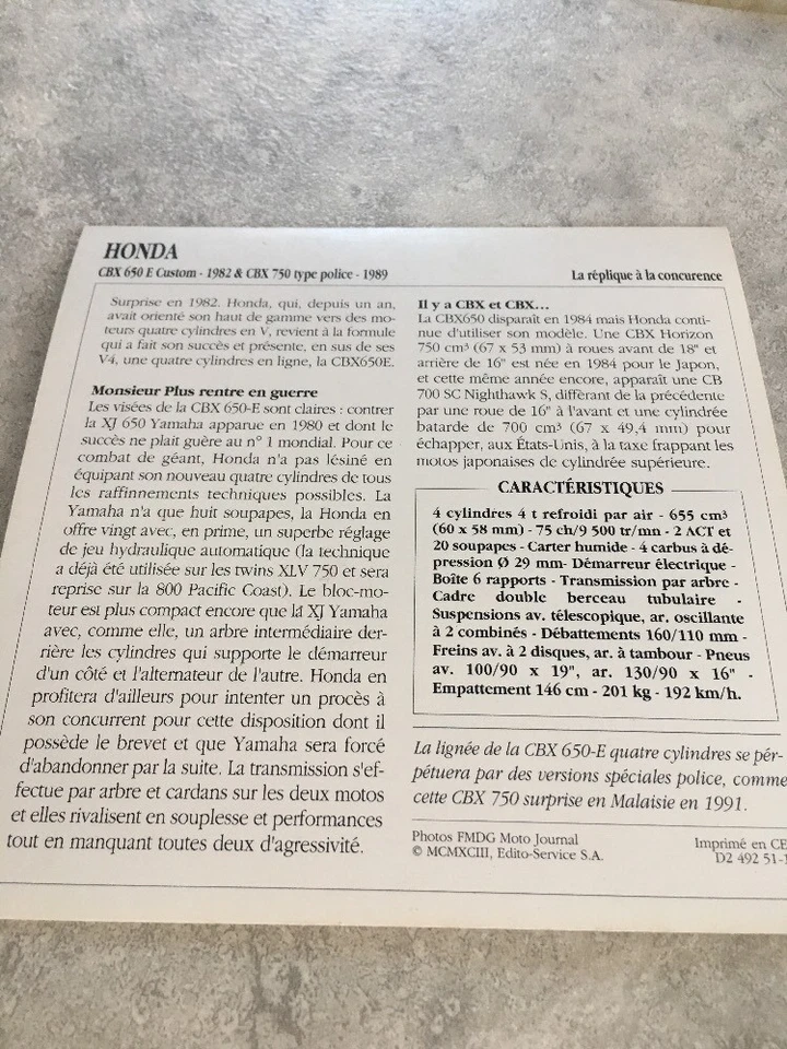 Honda CBX650E C CBX750 Policía 1982 CBX 650 750 Tarjeta Moto Colección Atlas - Imagen 2 de 2