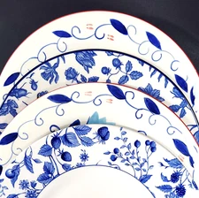 Mismatched Dinner Plates Bold Cobalt Blue Red Florals Plate Collection Set of 4