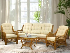 Malibu Set of 4: 2 Rattan Chairs, Three-Seater Sofa with Coffee Table, Colonial