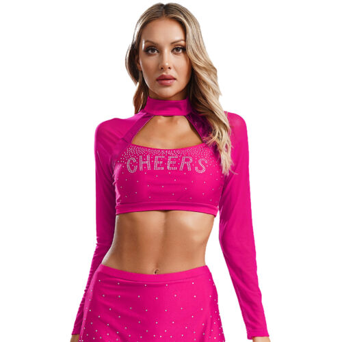 Women Cheer Uniform Tops Night Club Crop Top Rhinestone Cheerleader Costume - Picture 43 of 87