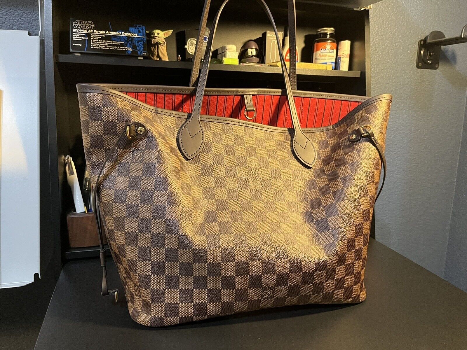 Louis Vuitton Brown Damier Ebene Coated Canvas Neverfull mm Gold Hardware, 2019 (Like New), Womens Handbag