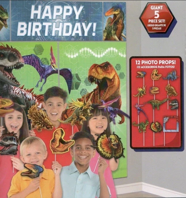 DINOSAURS Scene Setter HAPPY BIRTHDAY party deocr dinos & 12 photo booth props - Image 2 of 3