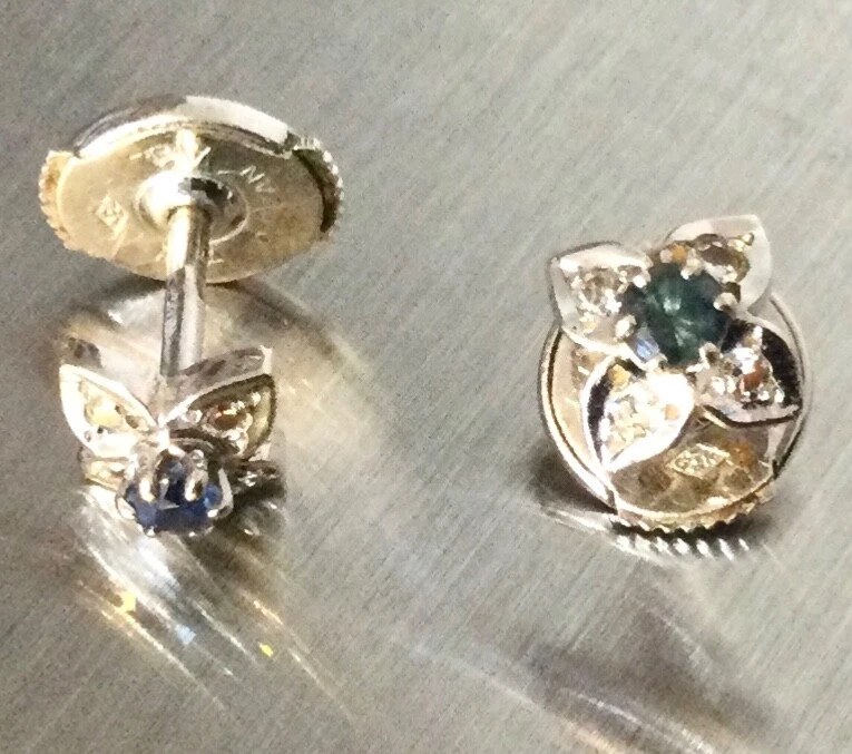 Or Blanc 750-Diamant Saphir-Fermoirs ALPA Boucles d’Oreilles 18 Carats Clous 18K - Photo 4/4