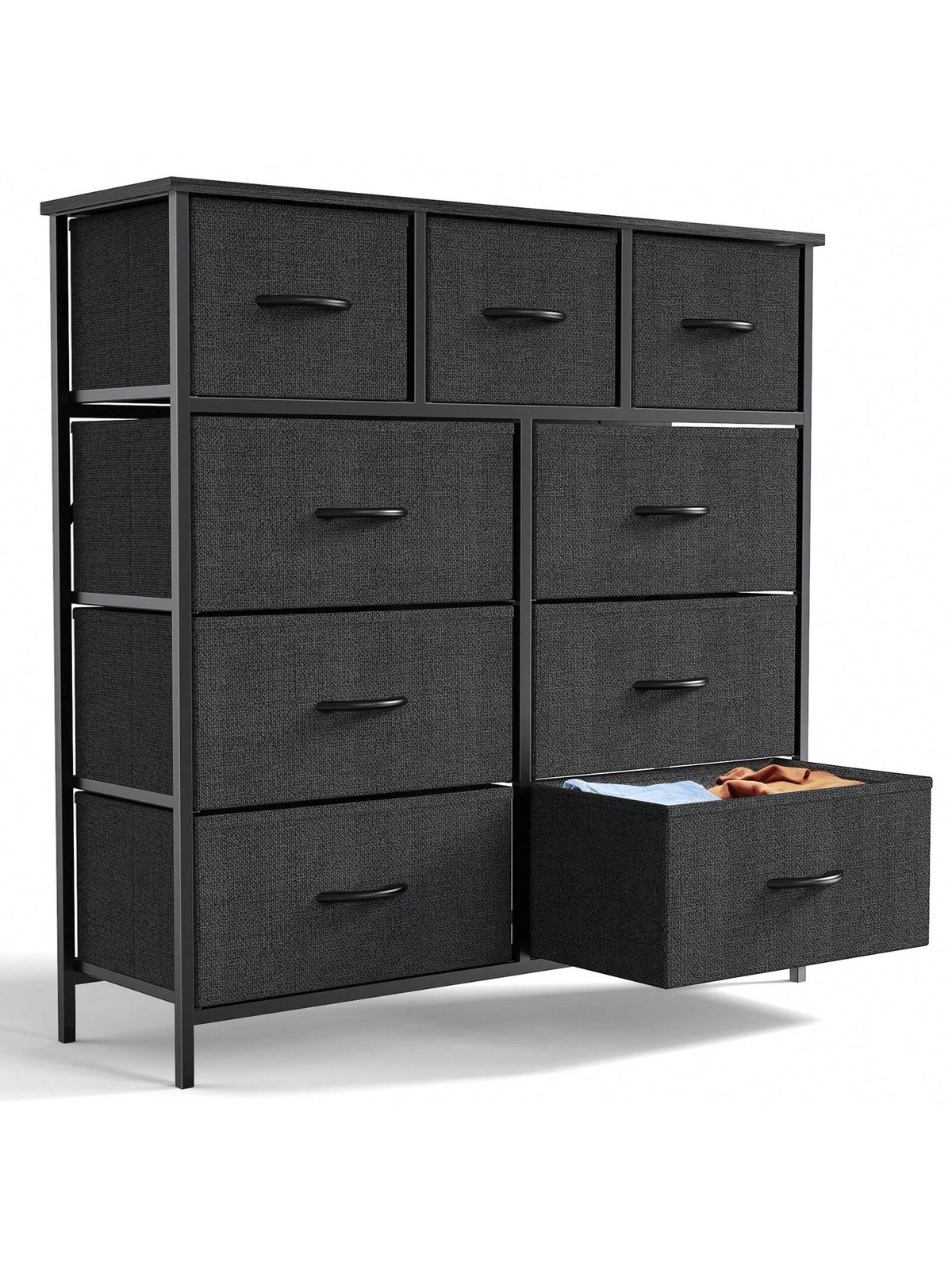 Tall Fabric Clothes Cabinet Storage Organizer with Wood Top Dresser for Bedroom 