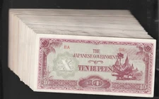 Burma MONEY  1942-1944 ISSUED JAPANESE OCCUPATION BUNDLE 100-10 RUPEE, XF/AUNC