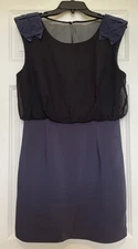 TIBI Navy Blue Sleeveless Sheath Dress Size 10 Black Blouson Bodice Silk Accents