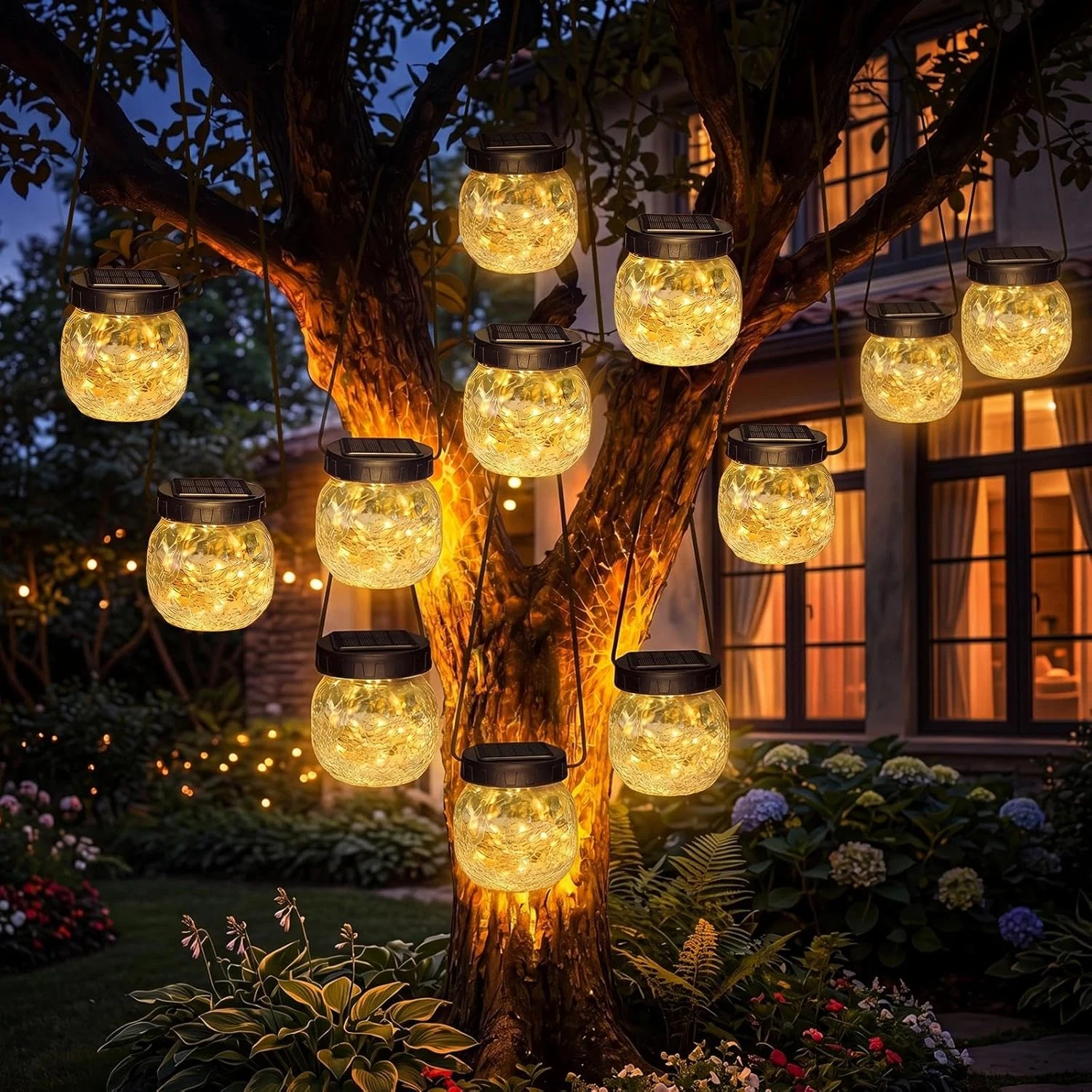 12 Pack Waterproof Solar Lanterns - Warm Glow Crackle Glass Outdoor Lights