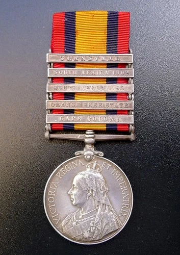 ANGLO-BOER WAR QUEENS SOUTH AFRICA MEDAL - FIVE CLASPS 5450 PTE T LATCHFORD RAMC