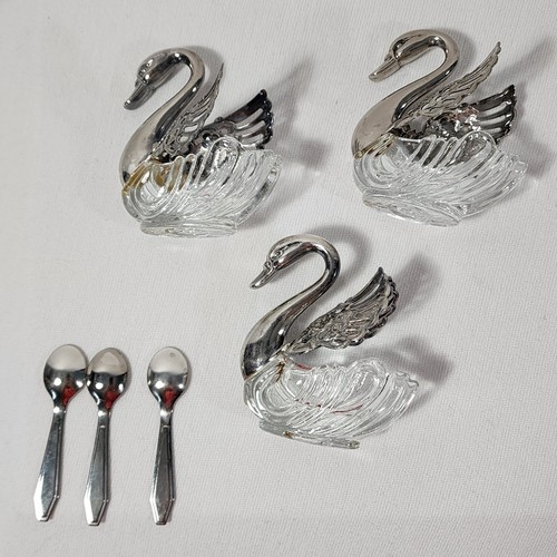 3 Swan Open Salt Cellars Crystal Silverplate Hinged Wings Salt Spoon Vtg 80's - Picture 10 of 18