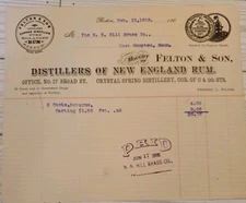 1902 Felton & Son New England Rum Billhead Receipt for Return of Casks Boston Ma