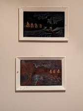 Vintage Velvet Painting Pair – Asian Fishing Village Scenes – Mid Century