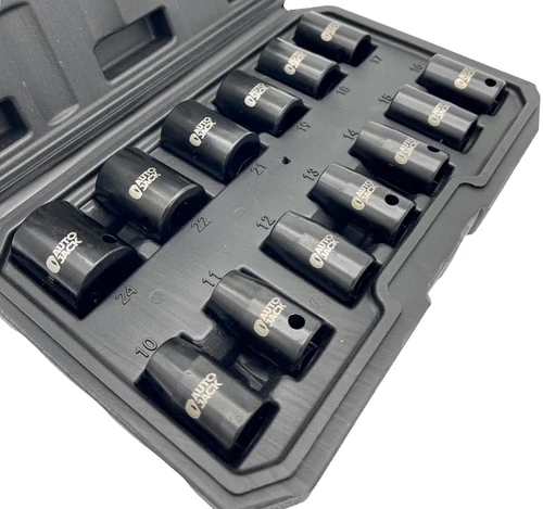 Impact Socket Set Metric 13pc 1/2in Drive 10–24mm Cr-V 6-Point Case Black Finish