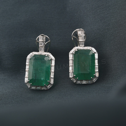 Zambian Emerald SI/H Baguette Diamond Dangle Drop Earrings 14k White Solid Gold - Picture 1 of 9