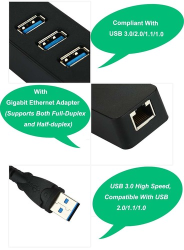 USB 3.0 3-Port HUB With RJ45 Gigabit Ethernet Adapter For PC Laptop Macbook AU - Picture 7 of 8
