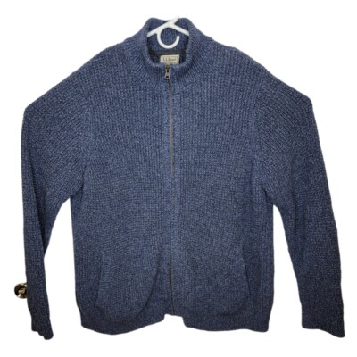 LL Bean Mens Heavy Knit Full Zip Mock Neck Marled Blue Cardigan Sweater XL 