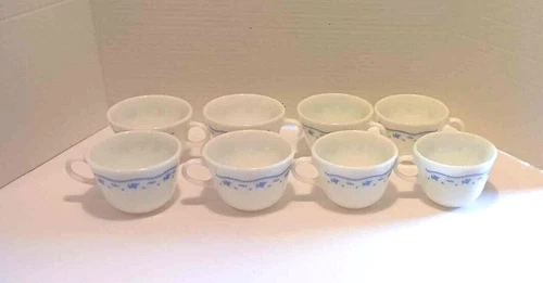 CORNING CORELLE  PYREX MORNING BLUE COFFEE TEA CUPS MUGS SET 8 VTG Milk Glass