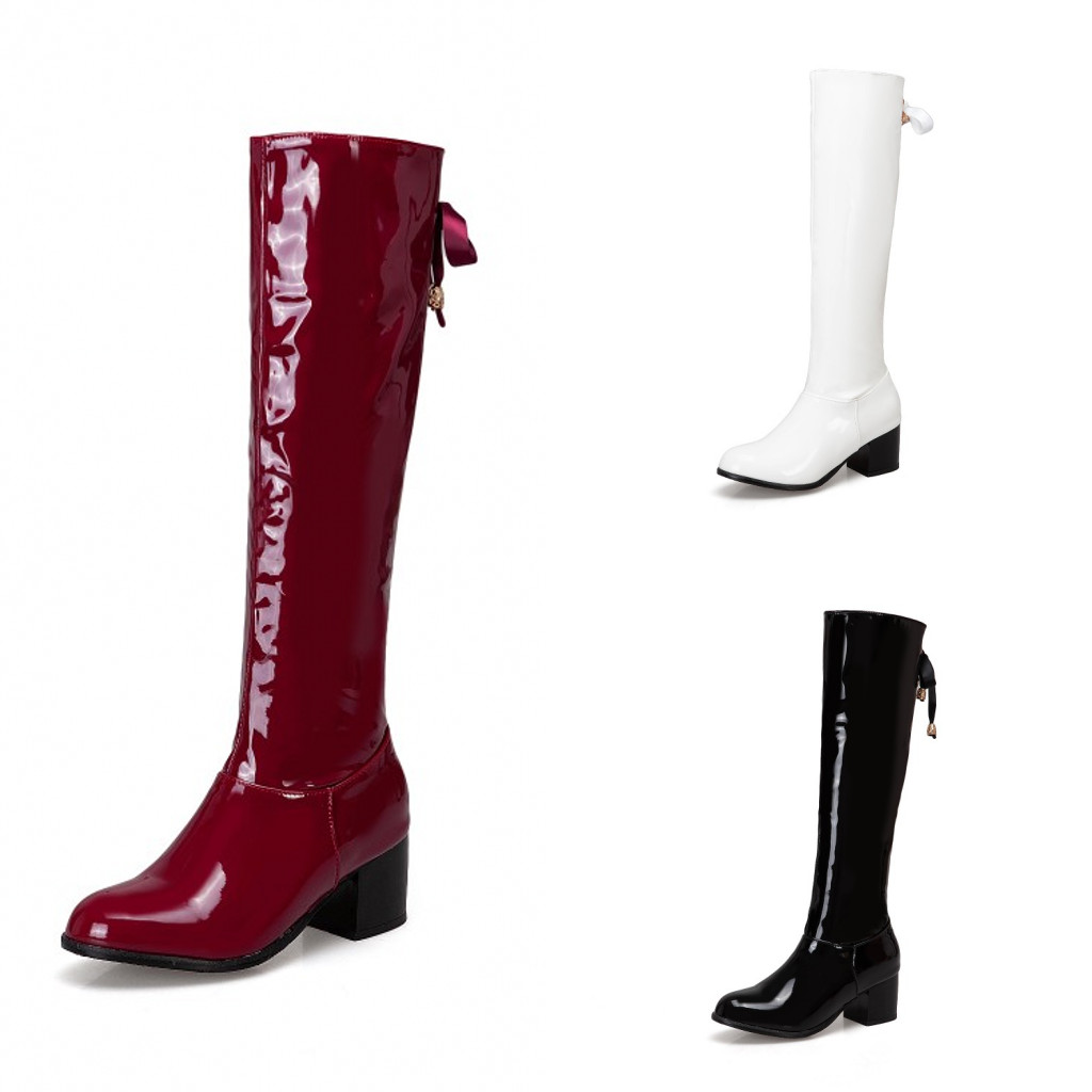 Women's Knee High Boots Patent Leather Chunky Heels Round Toe Casual Shoes Zip