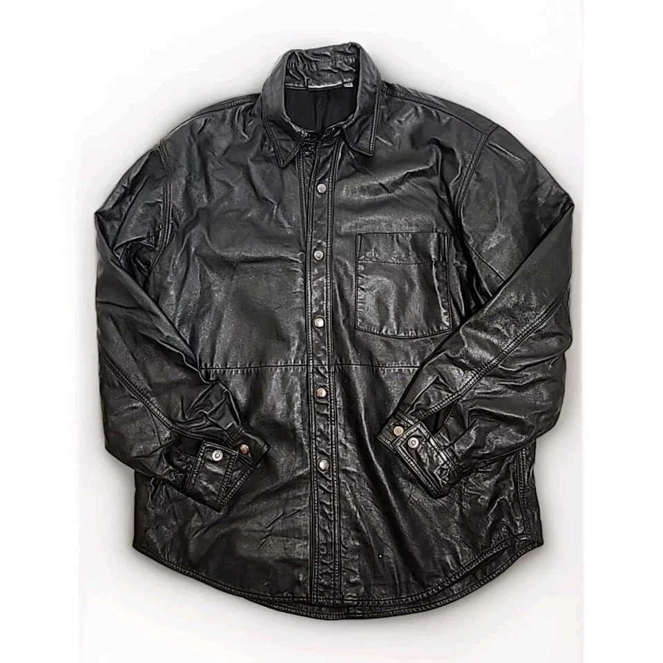 Camisa Chaqueta Internacional Hombre 100% Cuero Cuello Cierre a Presión A Medida Med Foto 2 de 4