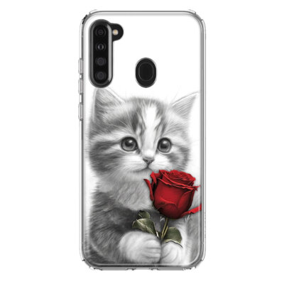For Samsung Galaxy A21 Shockproof Hybrid Case, Baby Kitten Red Rose Drawing