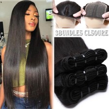 Brazilian 3Bundles + 4*4 T Lace Closure Virgin Human Hair Extensions Weave THICK