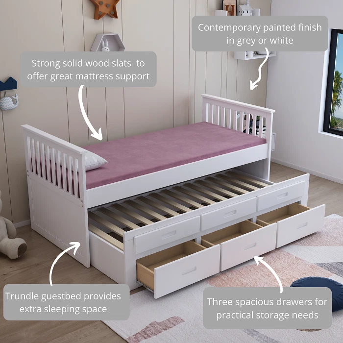 White 3ft Single Captain Cabin Guest Trundle Bed Frame 3 Drawers