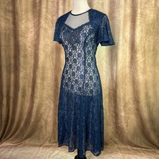 Vintage Lace Dress 90s Sheer Flutter Sleeve Lace Up Back Midi Victorian Gothic 