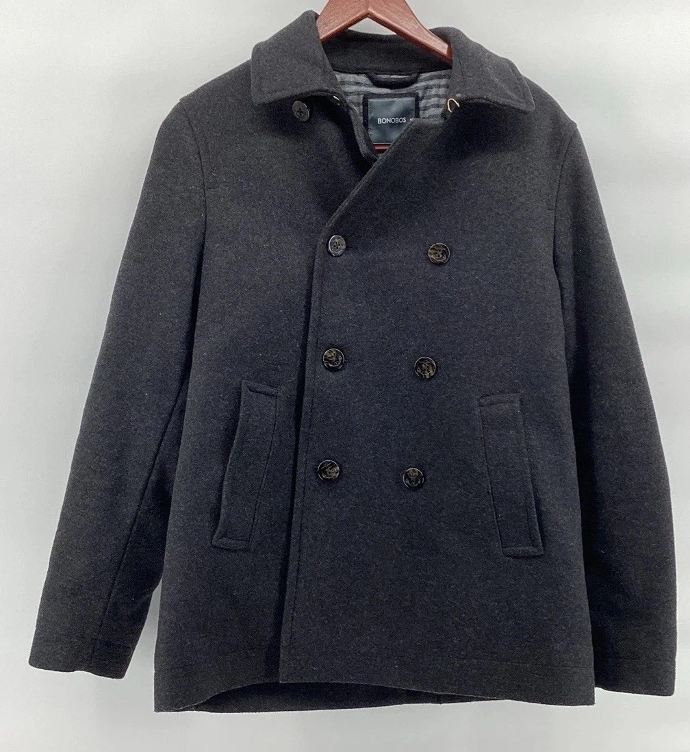 Bonobos Pea Coat Mens M Gray Double Breasted 80% Wool Blend Jacket Warm Stylish