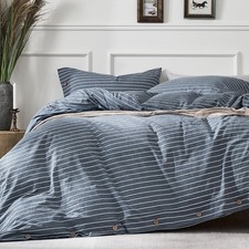 Duvet Cover Queen Breathable Washed Cotton Blue Striped 3 Piece Set JELLYMONI