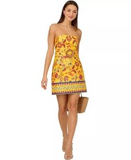 NWT Adrianna Papell Women's Sz 2 Cotton Printed O-Ring Strapless Cocktail Dress