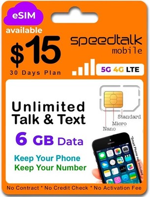 Speedtalk Preloaded Phone Plan + SIM Card Unlimited Talk & Text 6GB Data