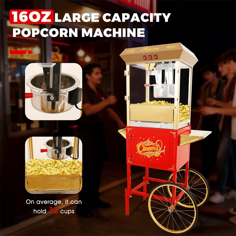 16Oz Commercial Popcorn Machine With Cart and 16 Oz Kettle & 3-Switch Control