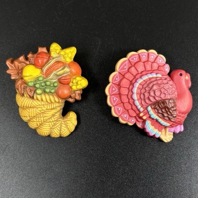 Vntg Hallmark Thanksgiving Lot of 2 Pins Brooches Turkey Cornucopia Fall Holiday