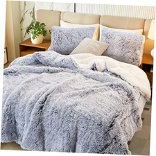 Luxury Faux Fur Shaggy Fluffy Comforter Set King Size King-100"x86" Gray-white
