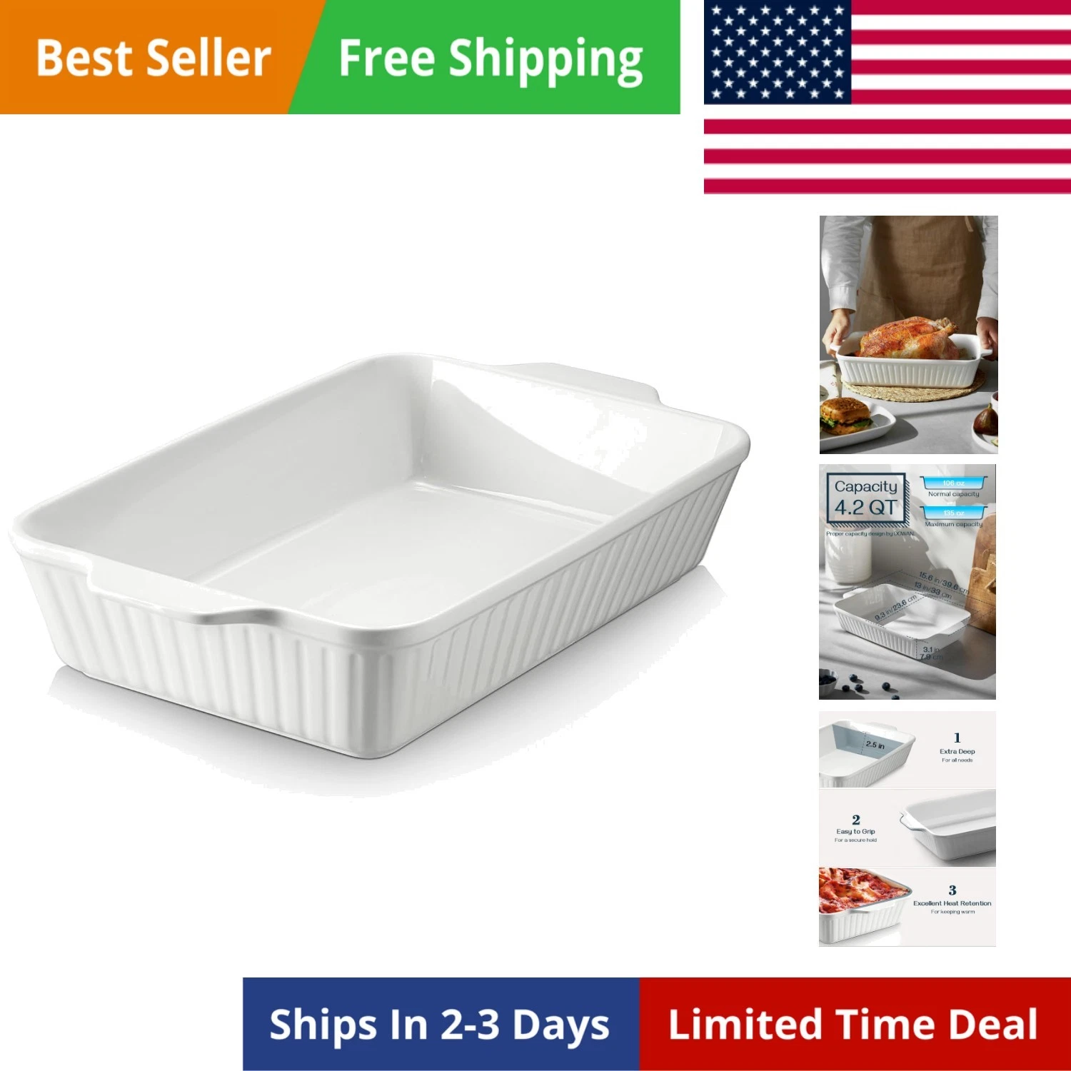Casserole Dish, 9x13 Ceramic Baking Dish, Large Lasagna Pan Deep for Oven, 4....