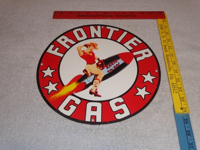 #ad VINTAGE FRONTIER GASOLINE WOMAN ON ROCKET 11 3 4quot; PORCELAIN METAL GAS amp; OIL SIGN $119.99