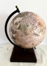World Globe w Wood Base Desk Top Model 11.5" Tall 8" Length Made in India