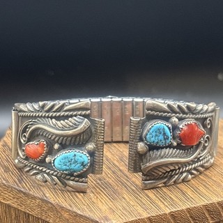Vintage Native American Navajo Sterling Silver Turquoise Coral Watch Tips