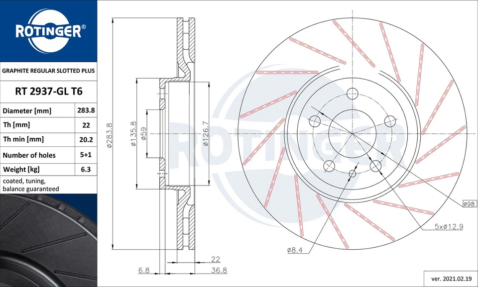 Rotinger brake discs, Romeo 147, 156, GT, Croma, Thema, RT 2937-GL T6 - Image 2 of 2