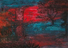 ACEO Original Acrylic Painting Forest Abstract Red Blue Art signed by CS Jackson
