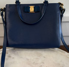 Salvatore Ferragamo Blue Satchel Zip Top Handle Bag Gold Hardware Bow Logo